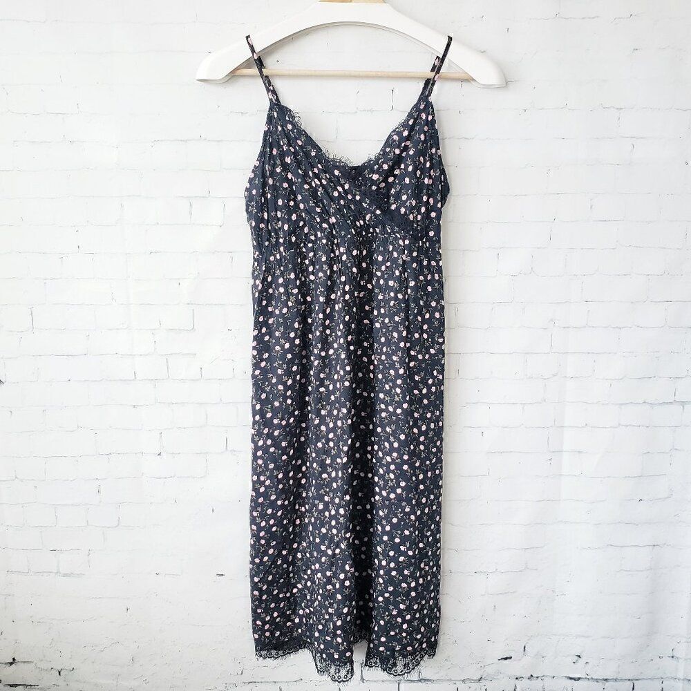 Old Navy Y2K Slip Dress Size S Black Ditzy Floral Lace Trim Spaghetti Strap